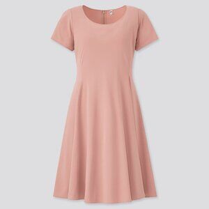 Uniqlo Crepe Short Sleeve Flare Dress Pink Medium